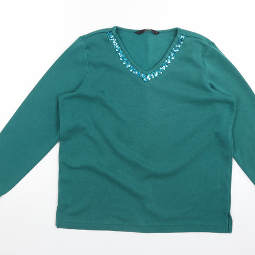 BM Womens Green V-Neck  Polyester Pullover Jumper Size S