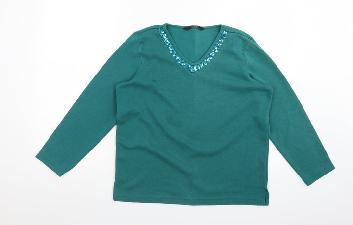 BM Womens Green V-Neck  Polyester Pullover Jumper Size S