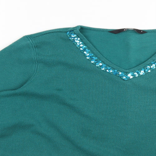 BM Womens Green V-Neck  Polyester Pullover Jumper Size S