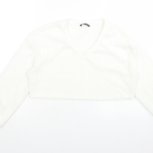 SheIn Womens White Striped Polyester Cropped T-Shirt Size S V-Neck