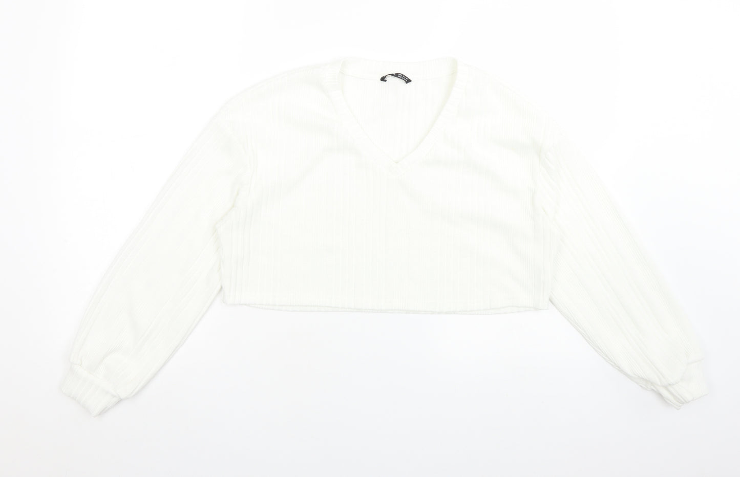 SheIn Womens White Striped Polyester Cropped T-Shirt Size S V-Neck