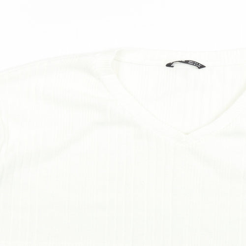 SheIn Womens White Striped Polyester Cropped T-Shirt Size S V-Neck
