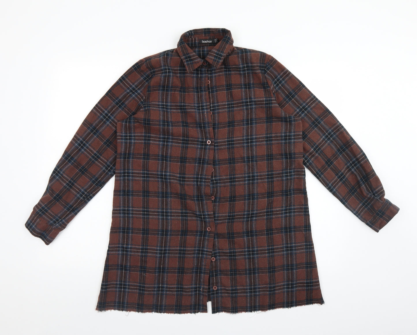 Boohoo Womens Brown Check Cotton Basic Button-Up Size 6 Collared