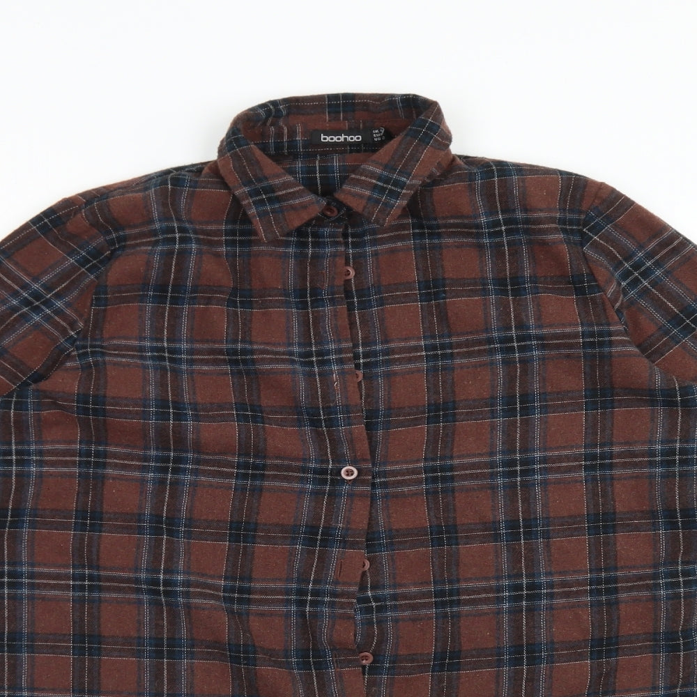 Boohoo Womens Brown Check Cotton Basic Button-Up Size 6 Collared