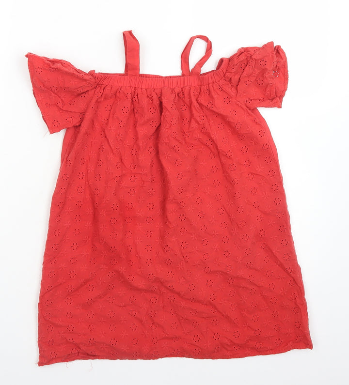 Primark Girls Red Floral Cotton A-Line Size 7-8 Years Square Neck