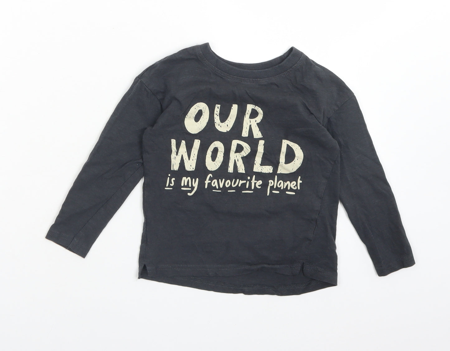 George Boys Grey  Cotton Basic T-Shirt Size 2-3 Years Crew Neck  - OUR WORLD IS MY FAVOURITE PLANET