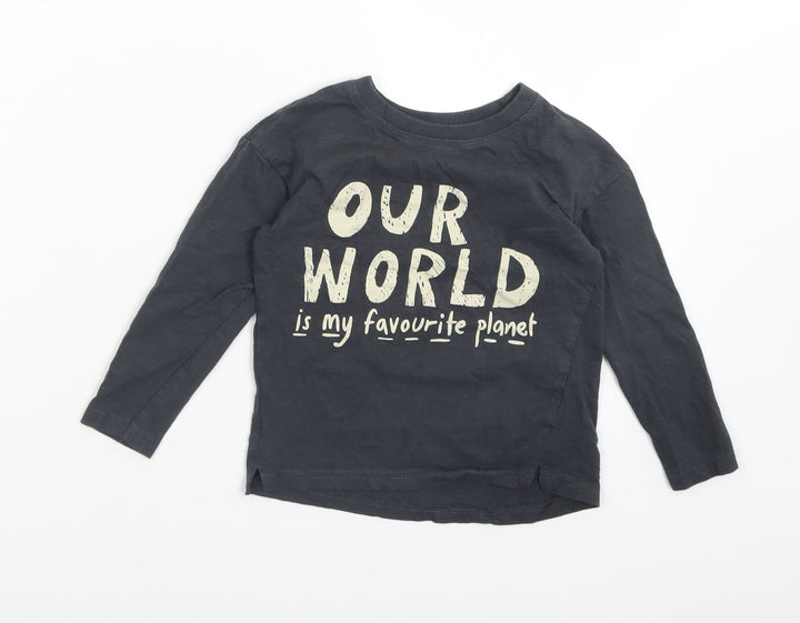 George Boys Grey  Cotton Basic T-Shirt Size 2-3 Years Crew Neck  - OUR WORLD IS MY FAVOURITE PLANET