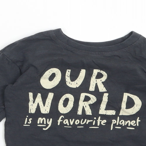 George Boys Grey  Cotton Basic T-Shirt Size 2-3 Years Crew Neck  - OUR WORLD IS MY FAVOURITE PLANET