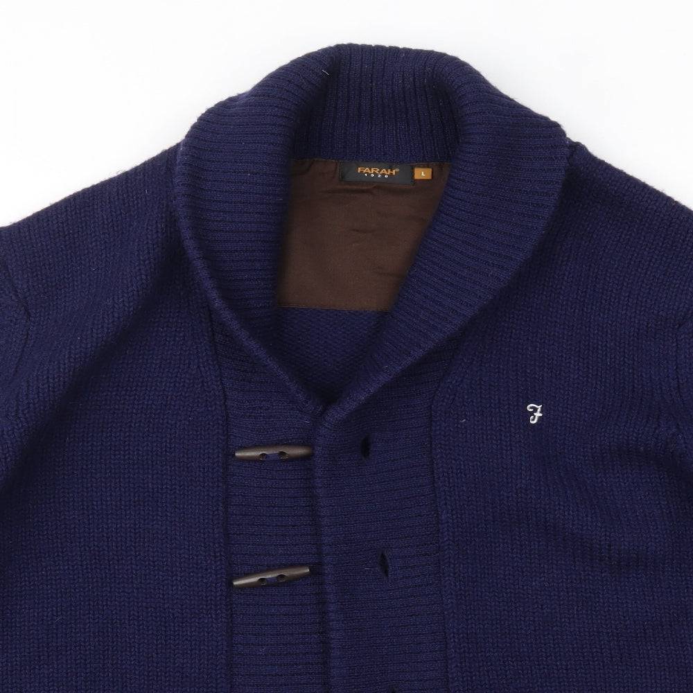 Farah Mens Blue Roll Neck  Wool Cardigan Jumper Size L