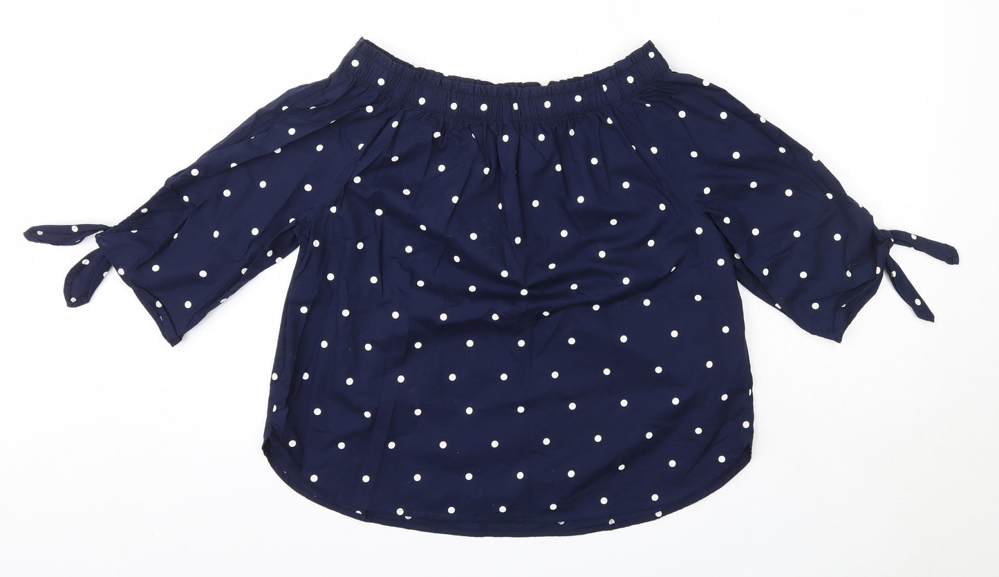 H&M Womens Blue Polka Dot 100% Cotton Basic Blouse Size 6 Off the Shoulder
