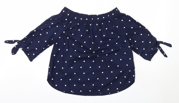 H&M Womens Blue Polka Dot 100% Cotton Basic Blouse Size 6 Off the Shoulder