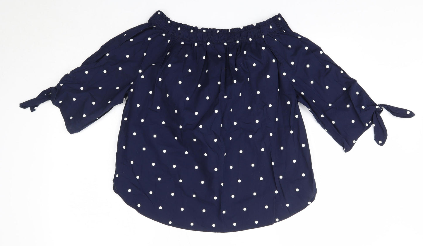 H&M Womens Blue Polka Dot 100% Cotton Basic Blouse Size 6 Off the Shoulder