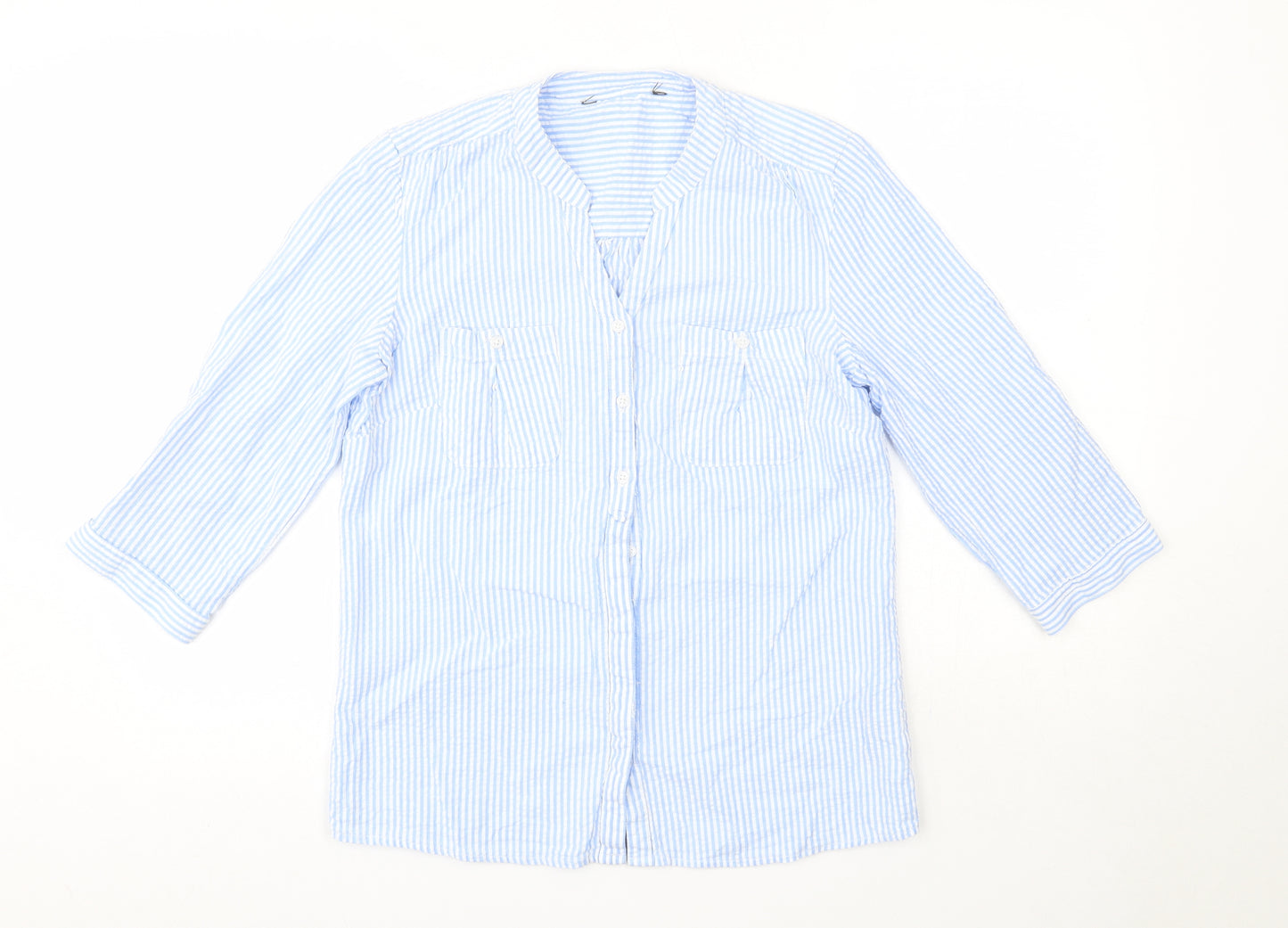 Preworn Womens Blue Striped 100% Cotton Basic Button-Up Size 10 Collared