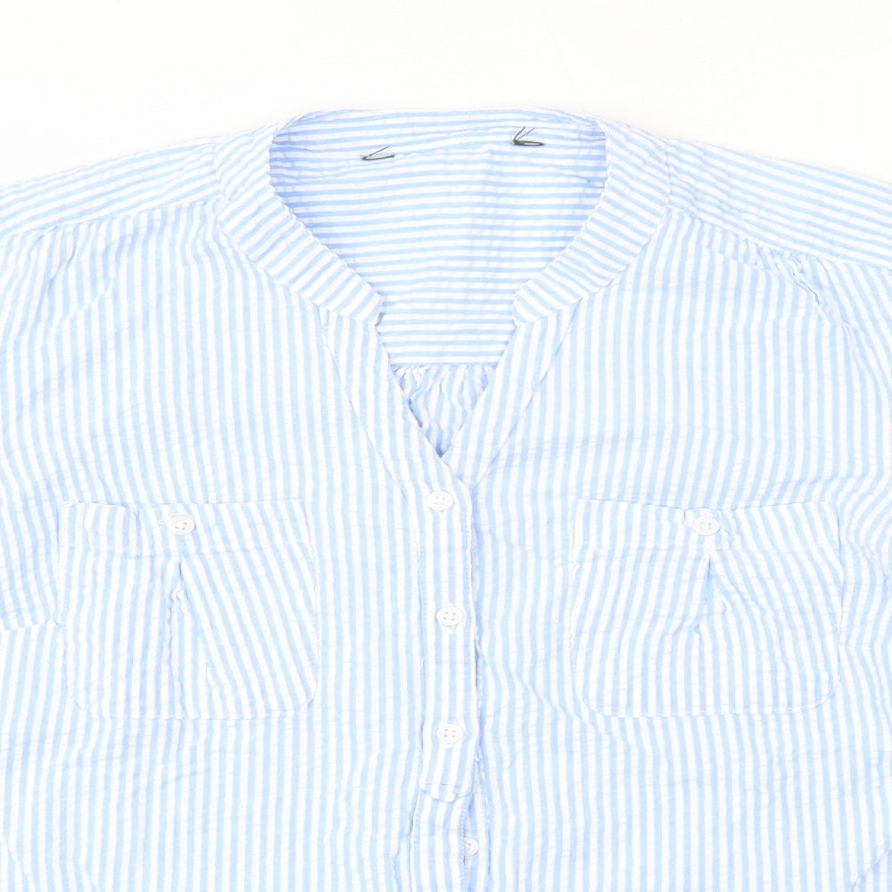 Preworn Womens Blue Striped 100% Cotton Basic Button-Up Size 10 Collared
