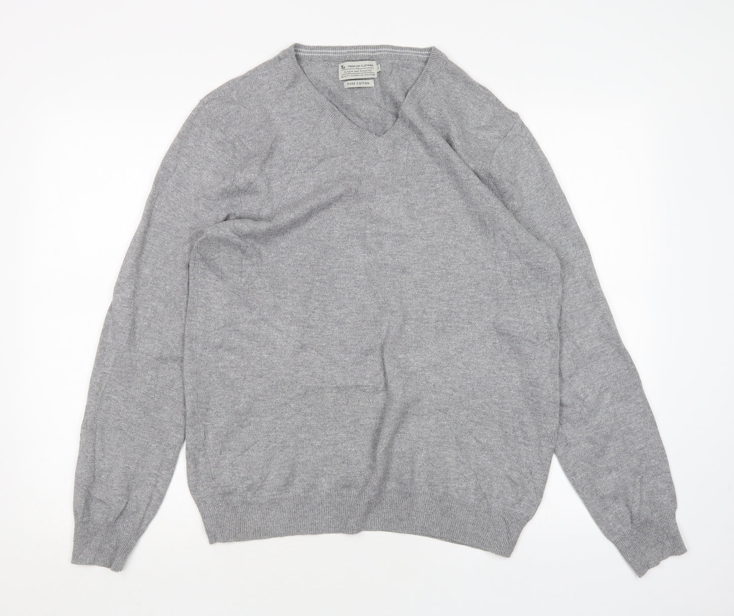 TU Mens Grey V-Neck  Cotton Pullover Jumper Size S