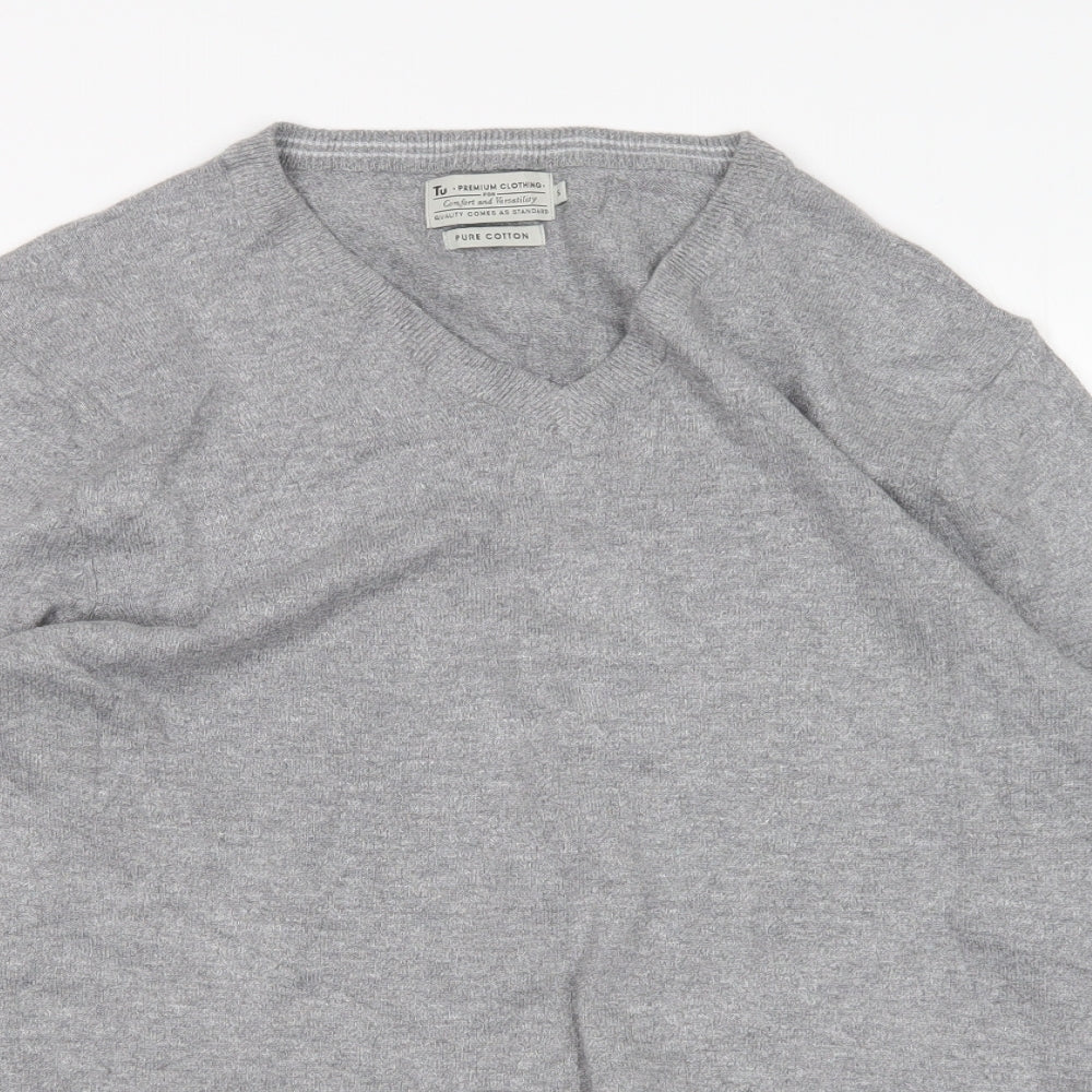 TU Mens Grey V-Neck  Cotton Pullover Jumper Size S