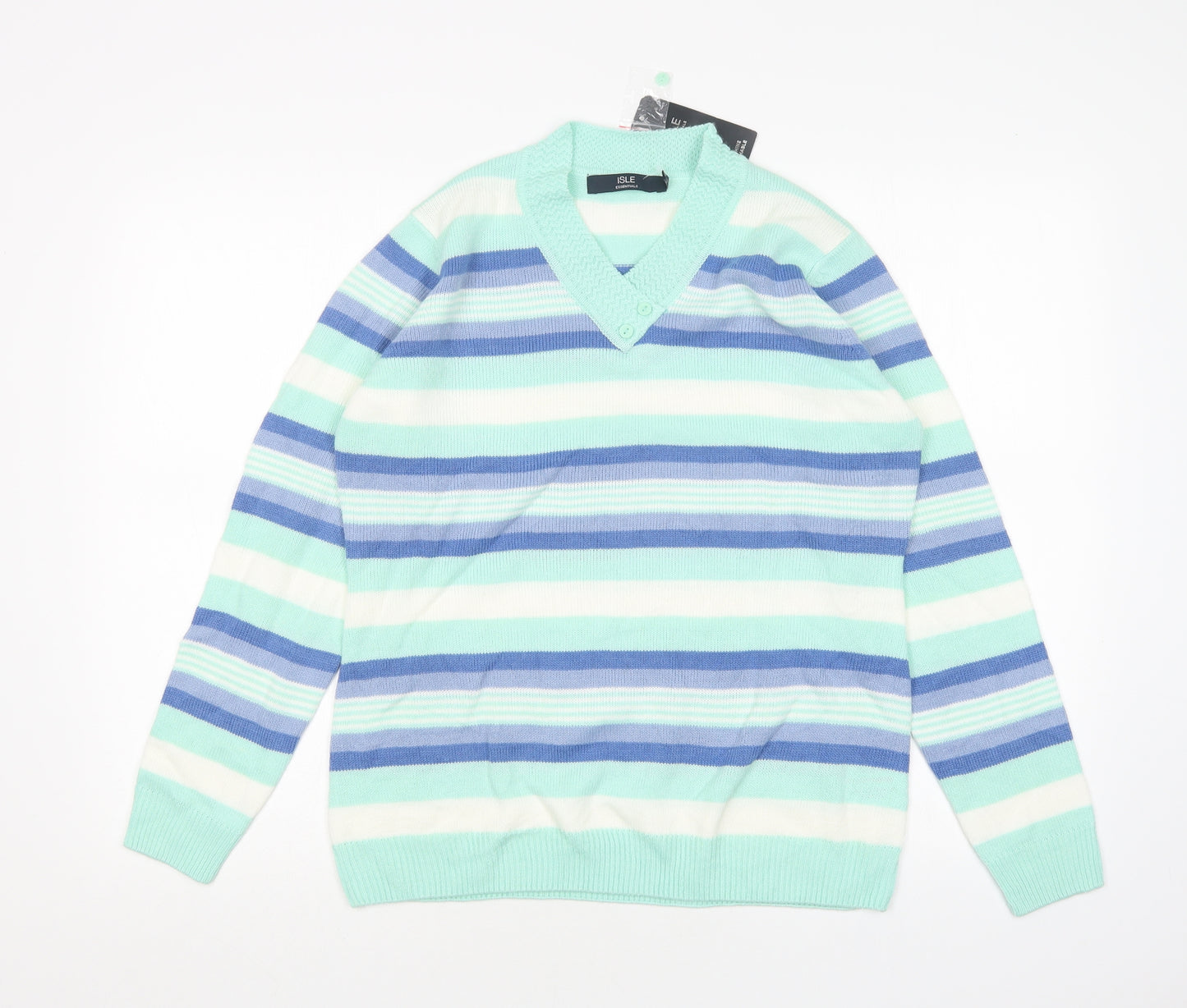 EWM Womens Multicoloured V-Neck Striped Acrylic Pullover Jumper Size M