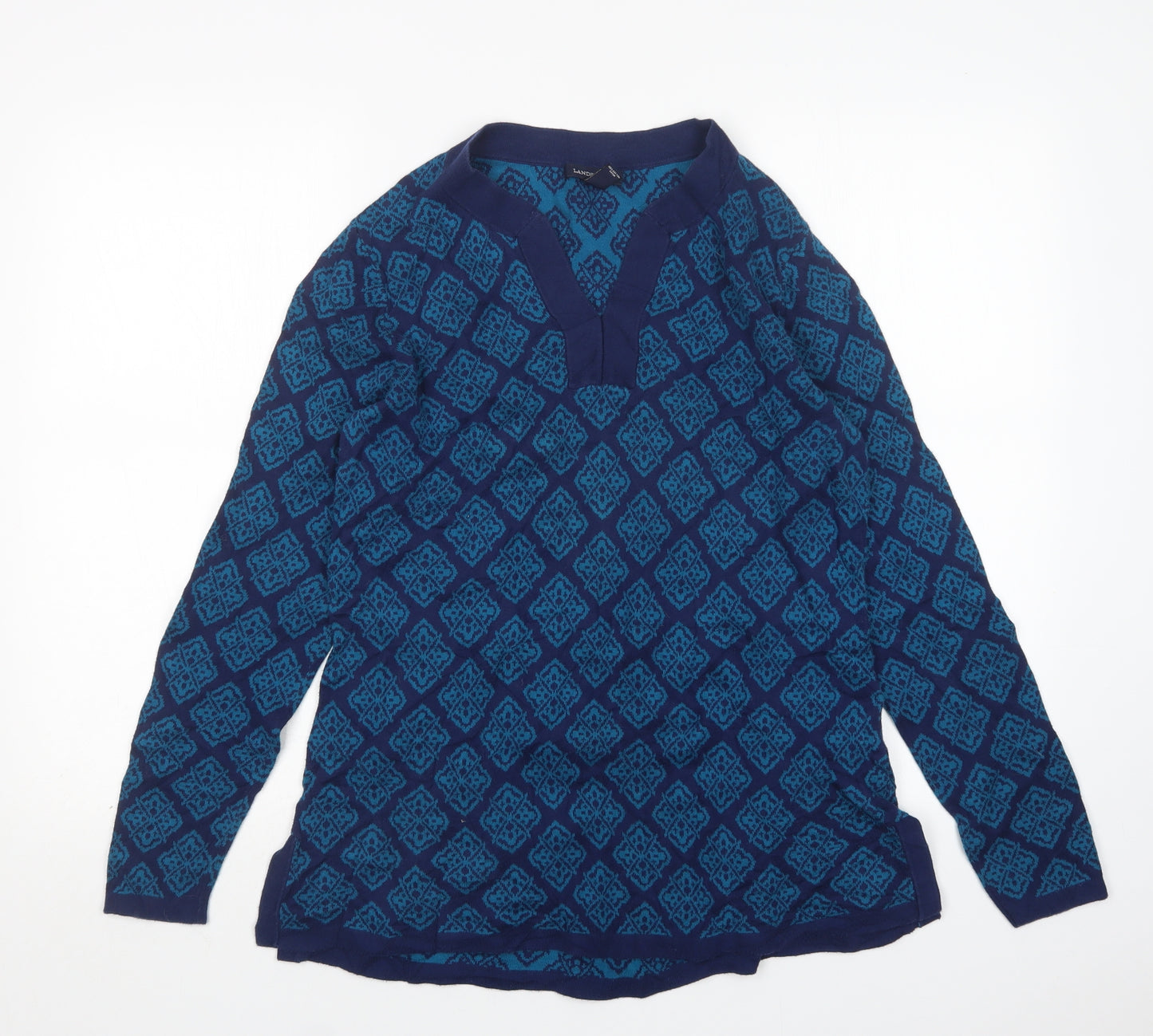 Lands End Womens Multicoloured V-Neck Argyle/Diamond Cotton Pullover Jumper Size M