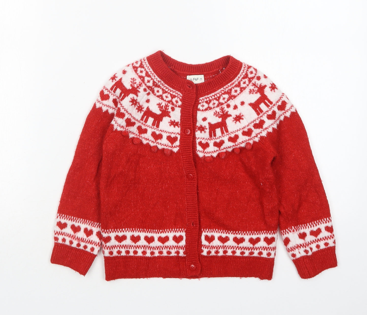 F&F Girls Multicoloured Round Neck Argyle/Diamond Acrylic Cardigan Jumper Size 2-3 Years   - Christmas