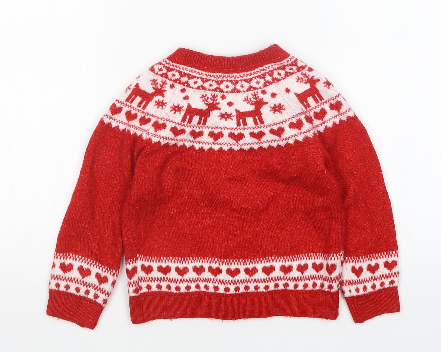 F&F Girls Multicoloured Round Neck Argyle/Diamond Acrylic Cardigan Jumper Size 2-3 Years   - Christmas
