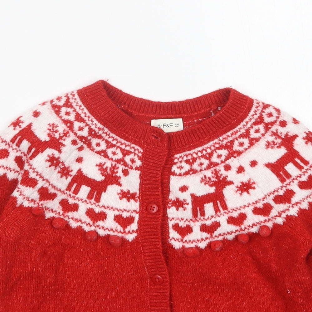 F&F Girls Multicoloured Round Neck Argyle/Diamond Acrylic Cardigan Jumper Size 2-3 Years   - Christmas
