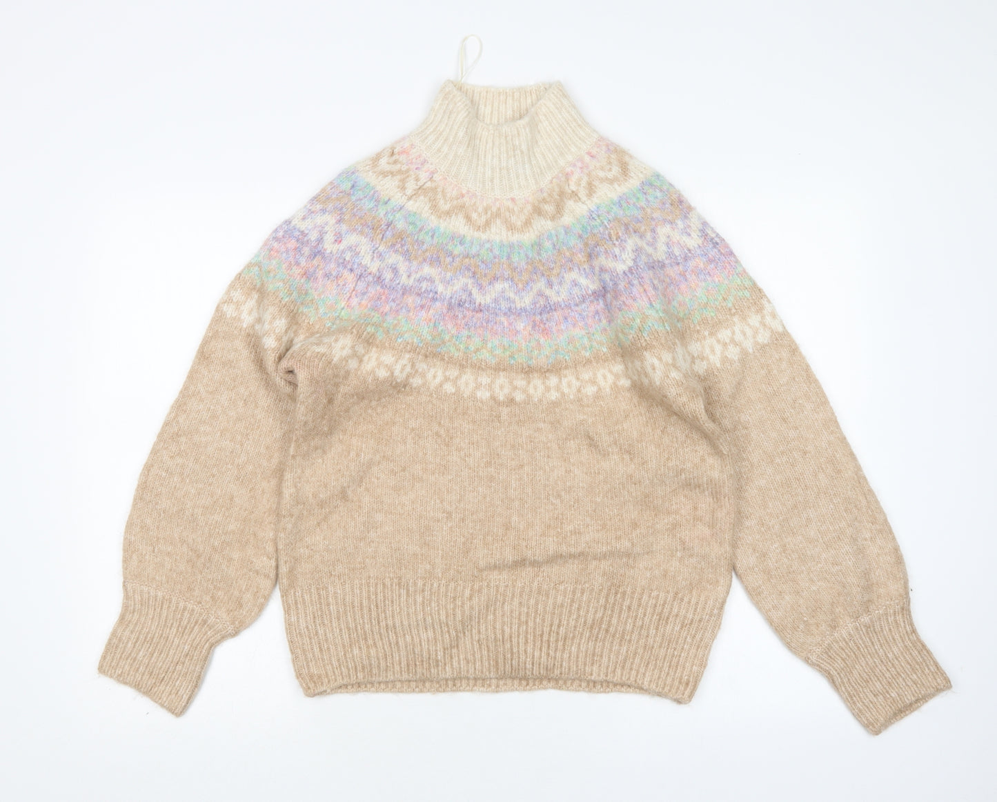 M&S Womens Multicoloured Mock Neck Argyle/Diamond Acrylic Pullover Jumper Size S