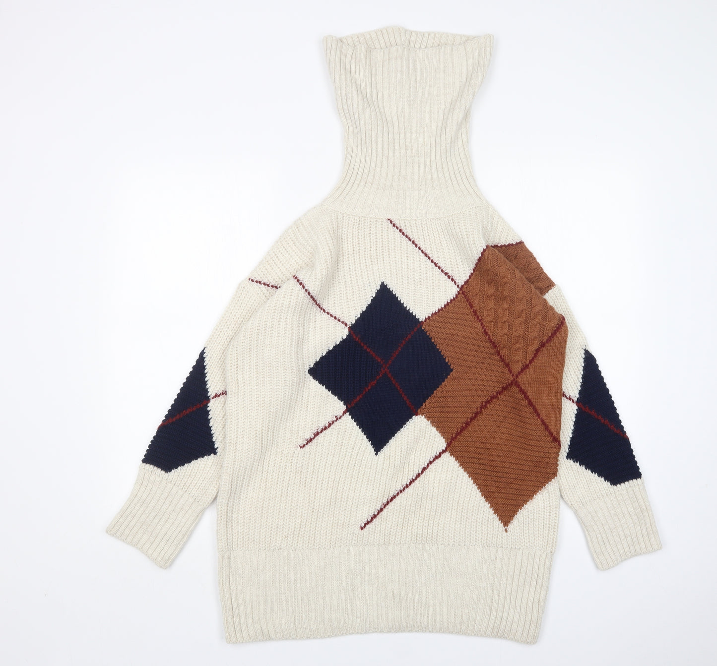 River Island Womens Multicoloured Roll Neck Argyle/Diamond Acrylic Pullover Jumper Size XS