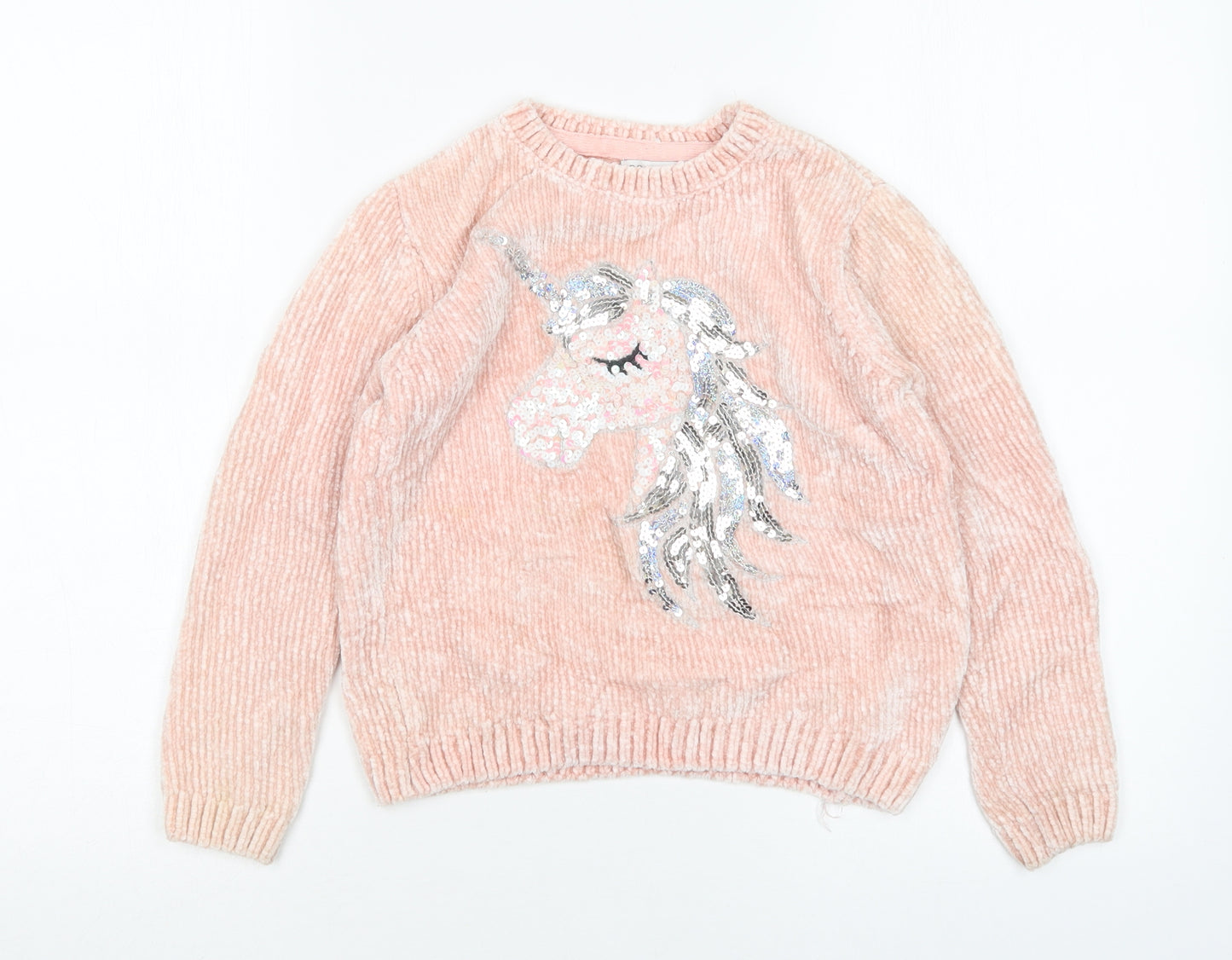 Primark Girls Pink Round Neck  Polyester Pullover Jumper Size 8-9 Years   - Unicorn