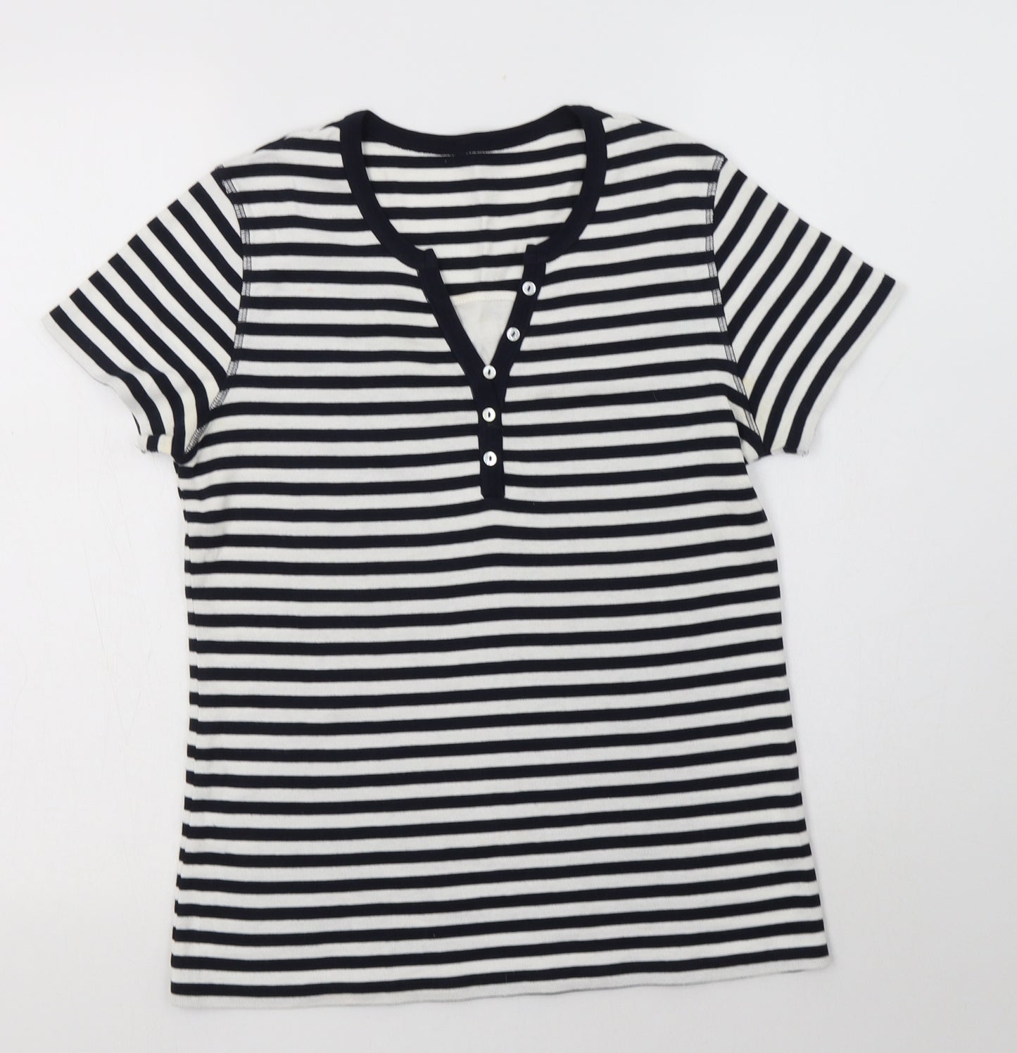 Preworn Womens White Striped Cotton Basic Blouse Size 14 Henley