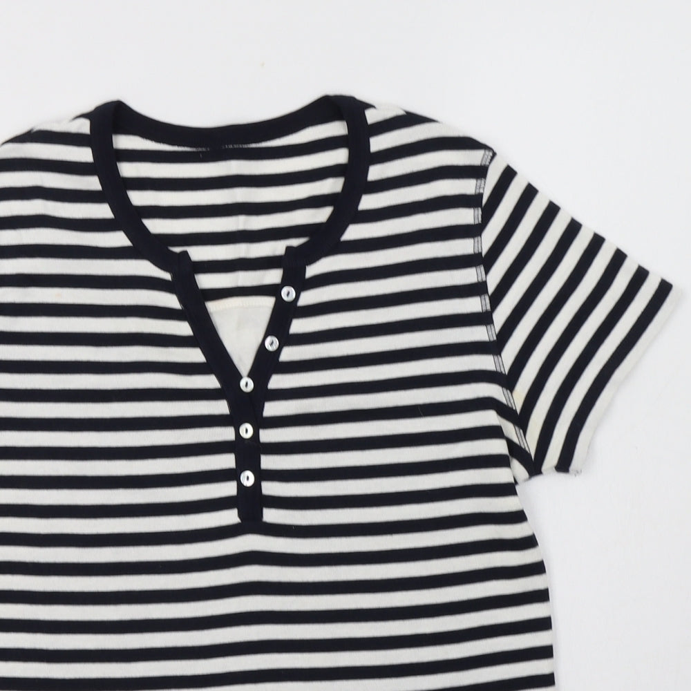 Preworn Womens White Striped Cotton Basic Blouse Size 14 Henley