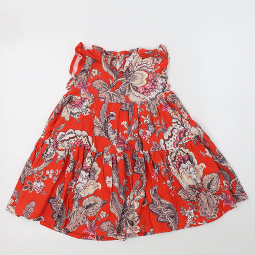 NEXT Girls Red Floral Cotton A-Line  Size 2-3 Years  Round Neck Button