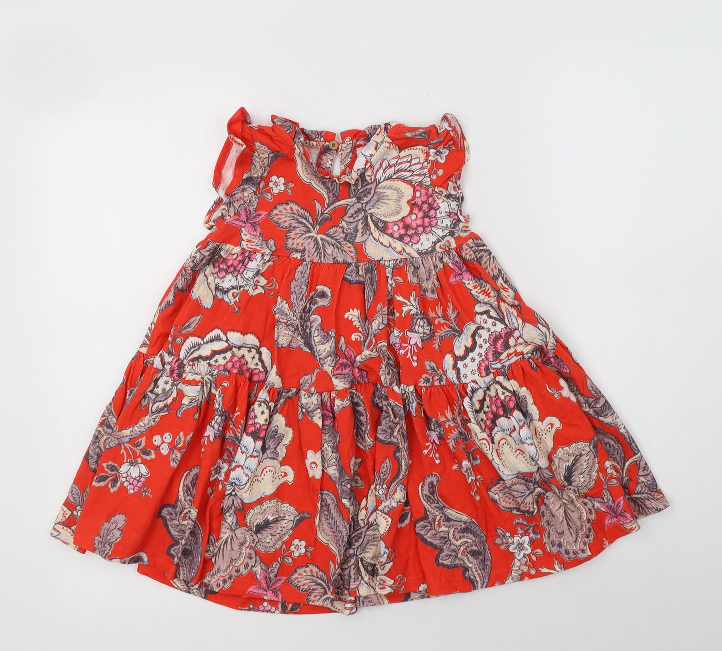 NEXT Girls Red Floral Cotton A-Line  Size 2-3 Years  Round Neck Button