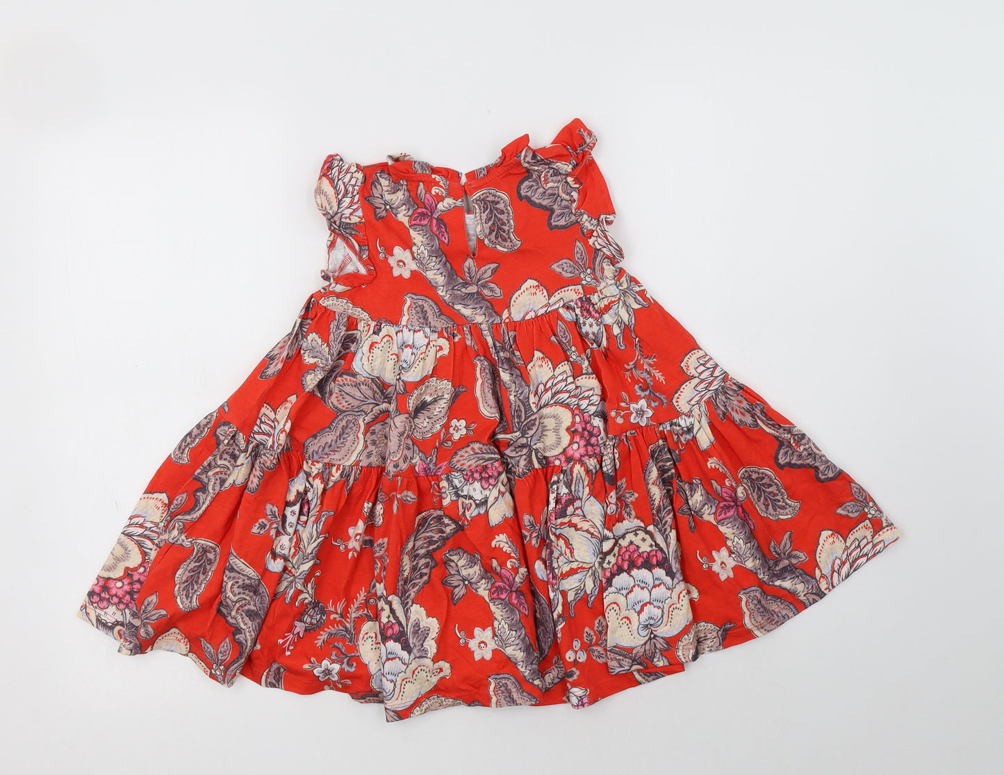 NEXT Girls Red Floral Cotton A-Line  Size 2-3 Years  Round Neck Button
