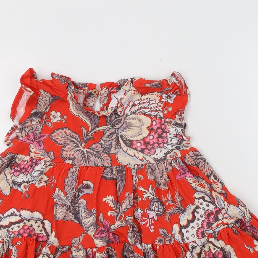 NEXT Girls Red Floral Cotton A-Line  Size 2-3 Years  Round Neck Button