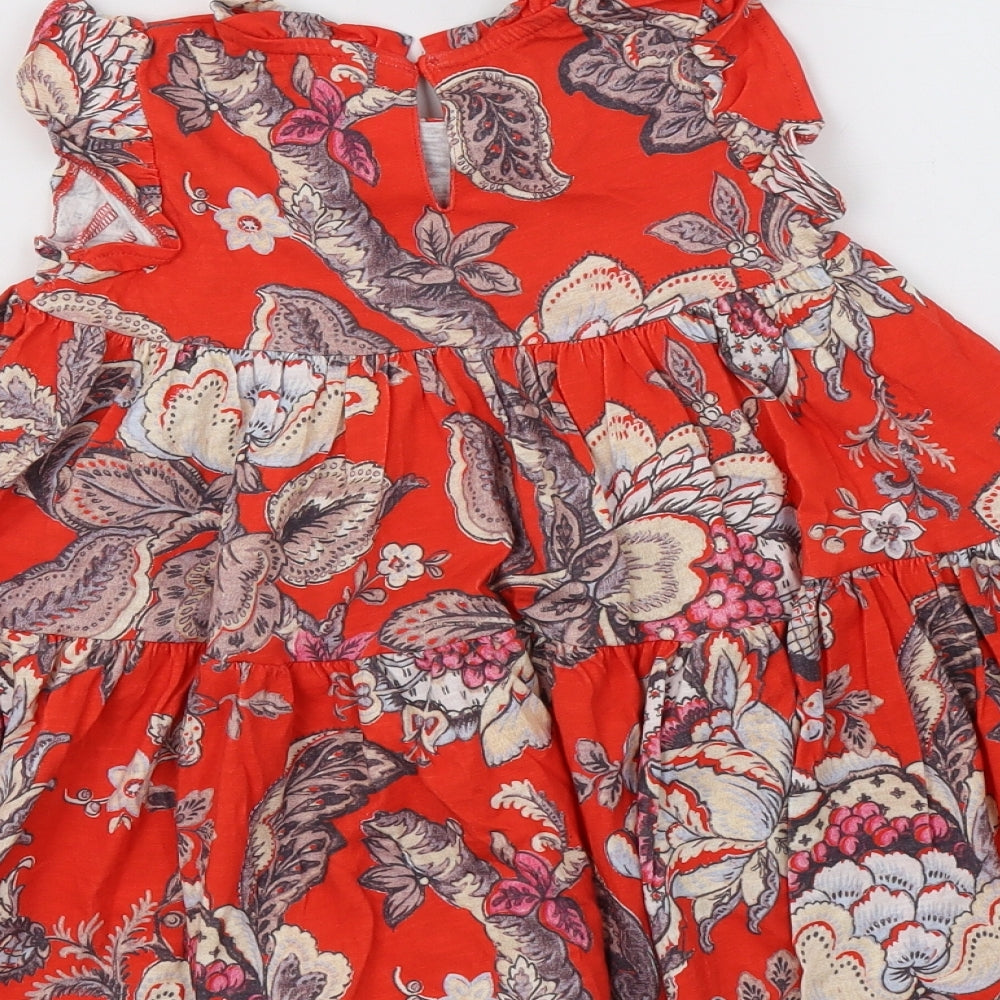 NEXT Girls Red Floral Cotton A-Line  Size 2-3 Years  Round Neck Button