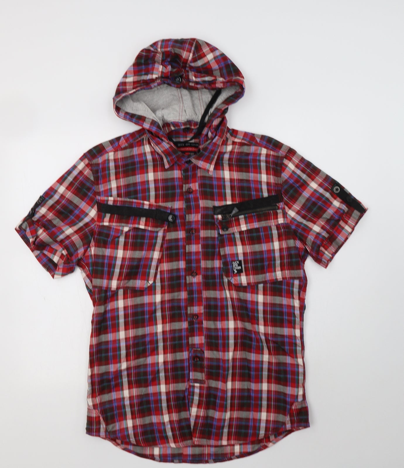 Duck & Cover Mens Red Check Cotton  Button-Up Size L Collared Buckle