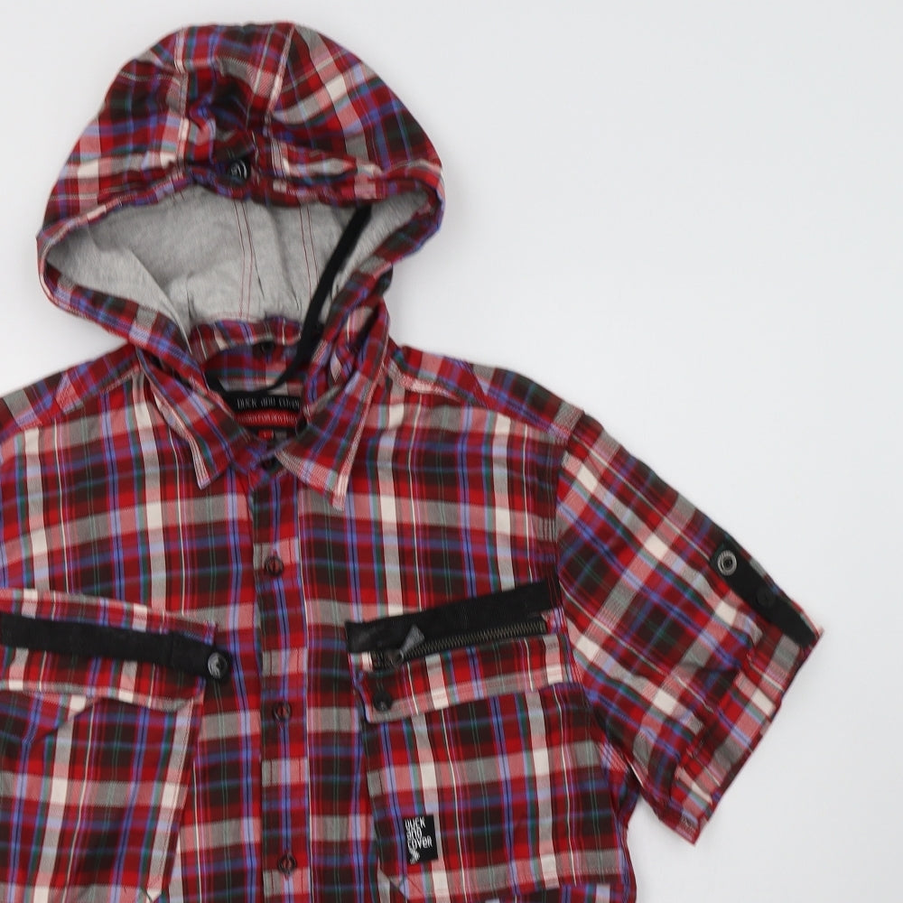 Duck & Cover Mens Red Check Cotton  Button-Up Size L Collared Buckle