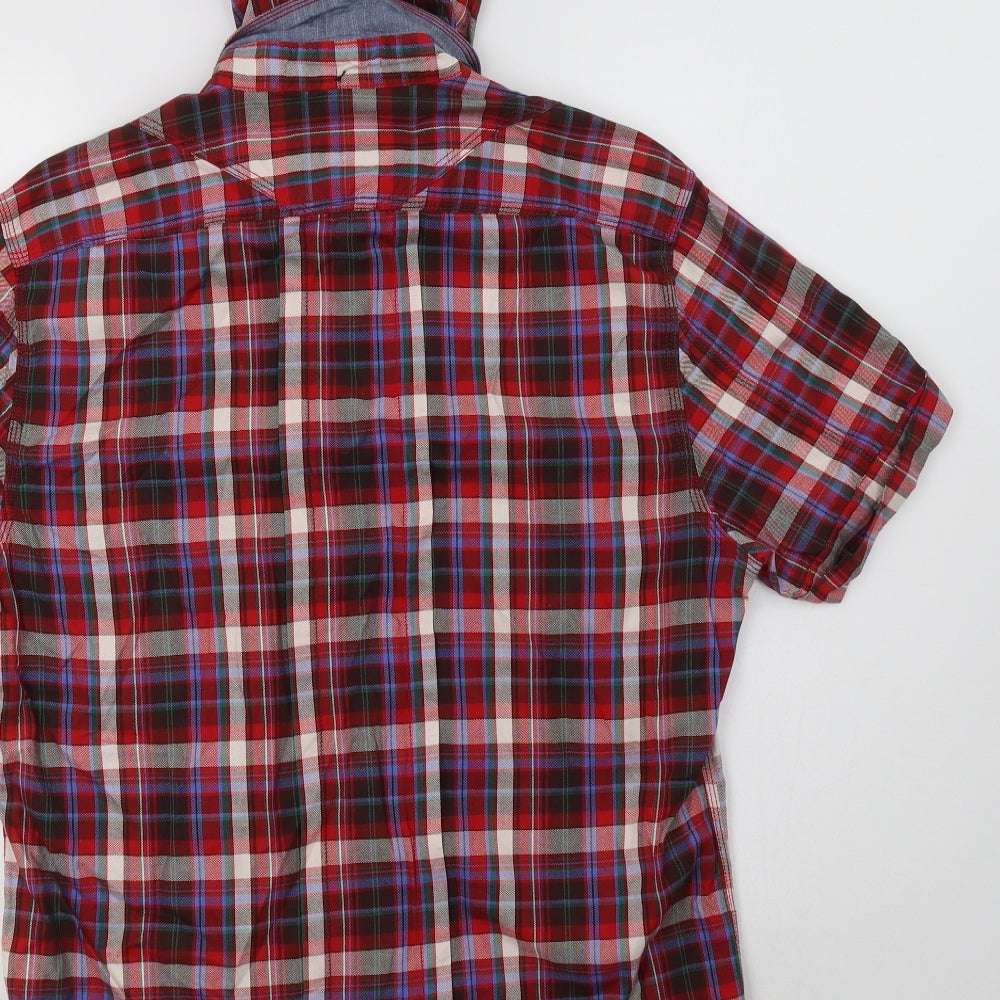 Duck & Cover Mens Red Check Cotton  Button-Up Size L Collared Buckle