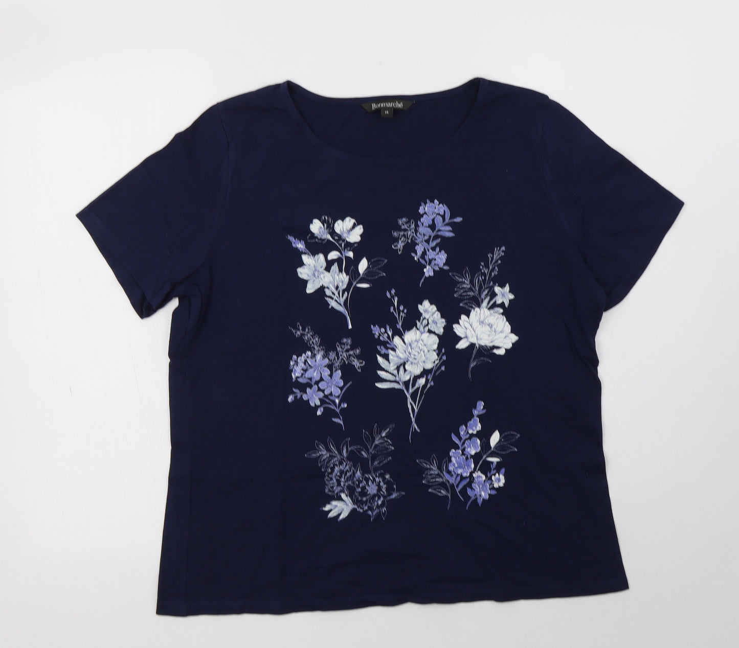 Bonmarché Womens Blue Floral Cotton Basic Blouse Size 14 Crew Neck