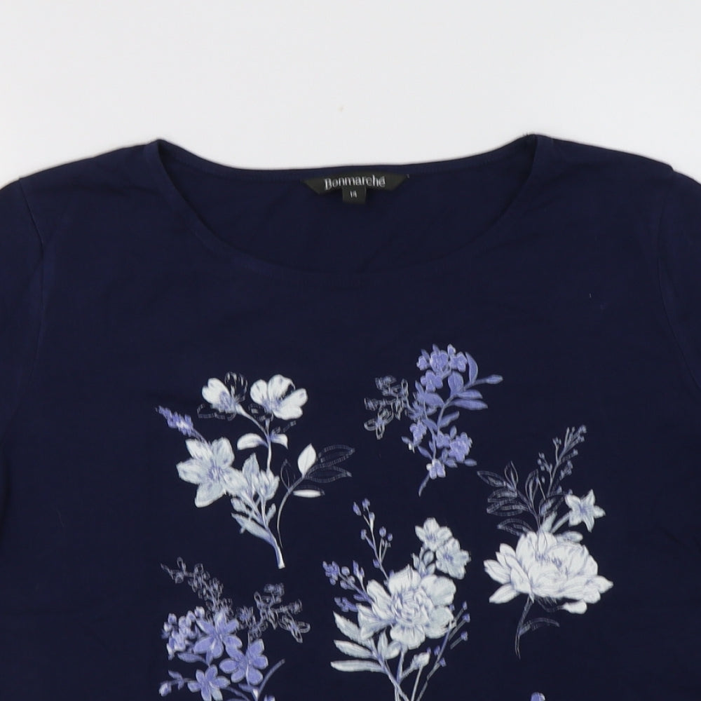 Bonmarché Womens Blue Floral Cotton Basic Blouse Size 14 Crew Neck
