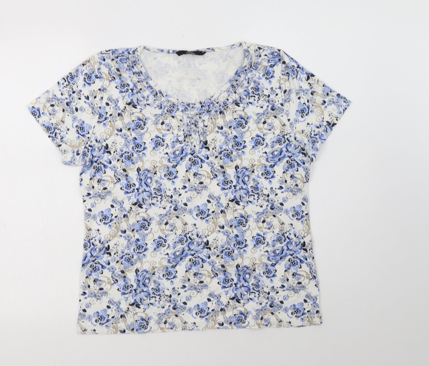 BM Womens Blue Floral Cotton Basic Blouse Size M Round Neck