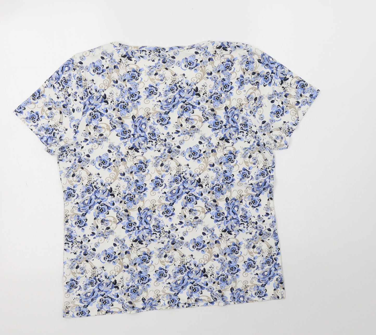 BM Womens Blue Floral Cotton Basic Blouse Size M Round Neck