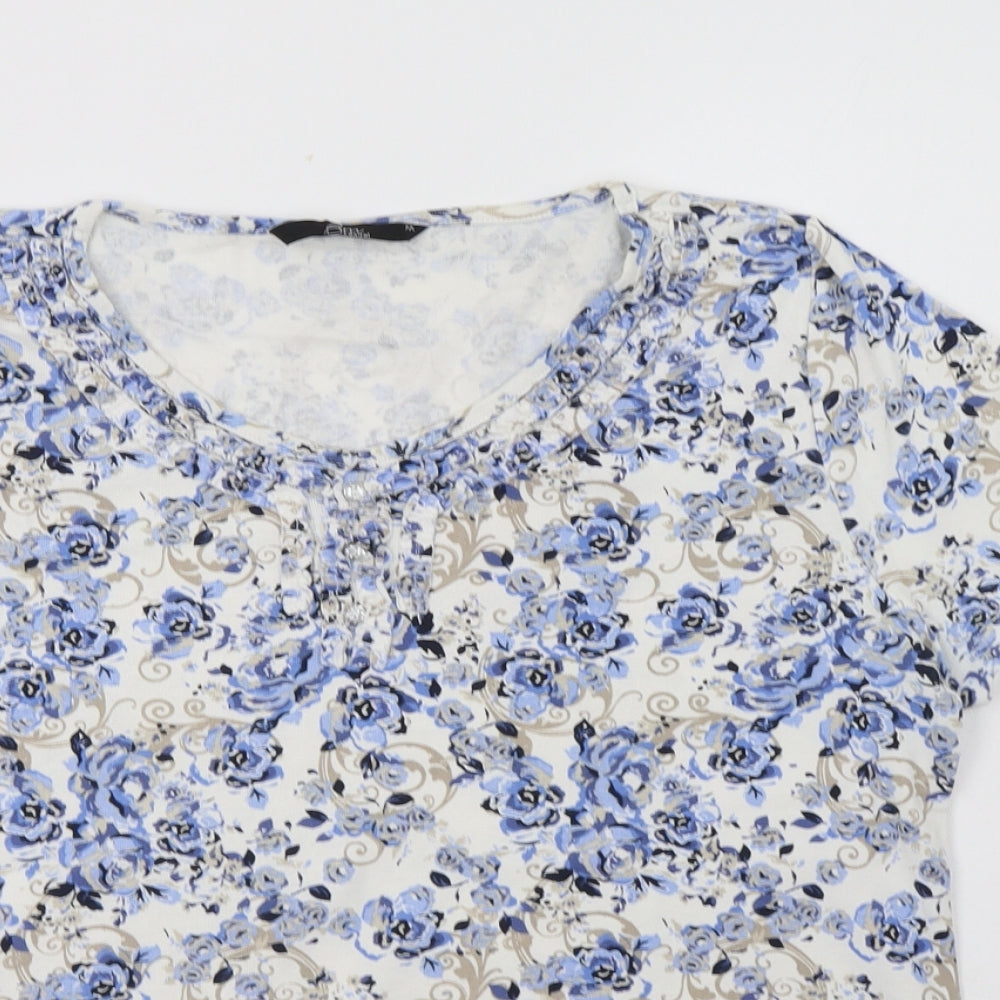 BM Womens Blue Floral Cotton Basic Blouse Size M Round Neck