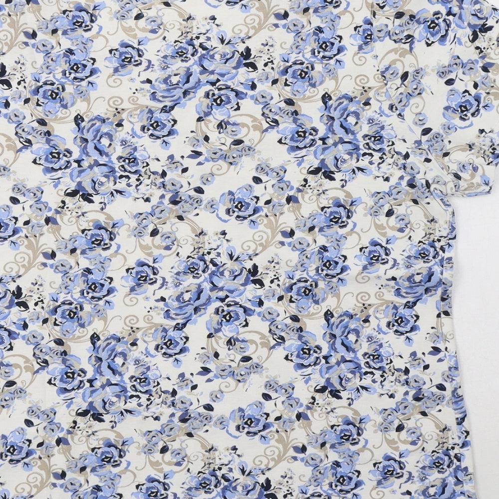 BM Womens Blue Floral Cotton Basic Blouse Size M Round Neck