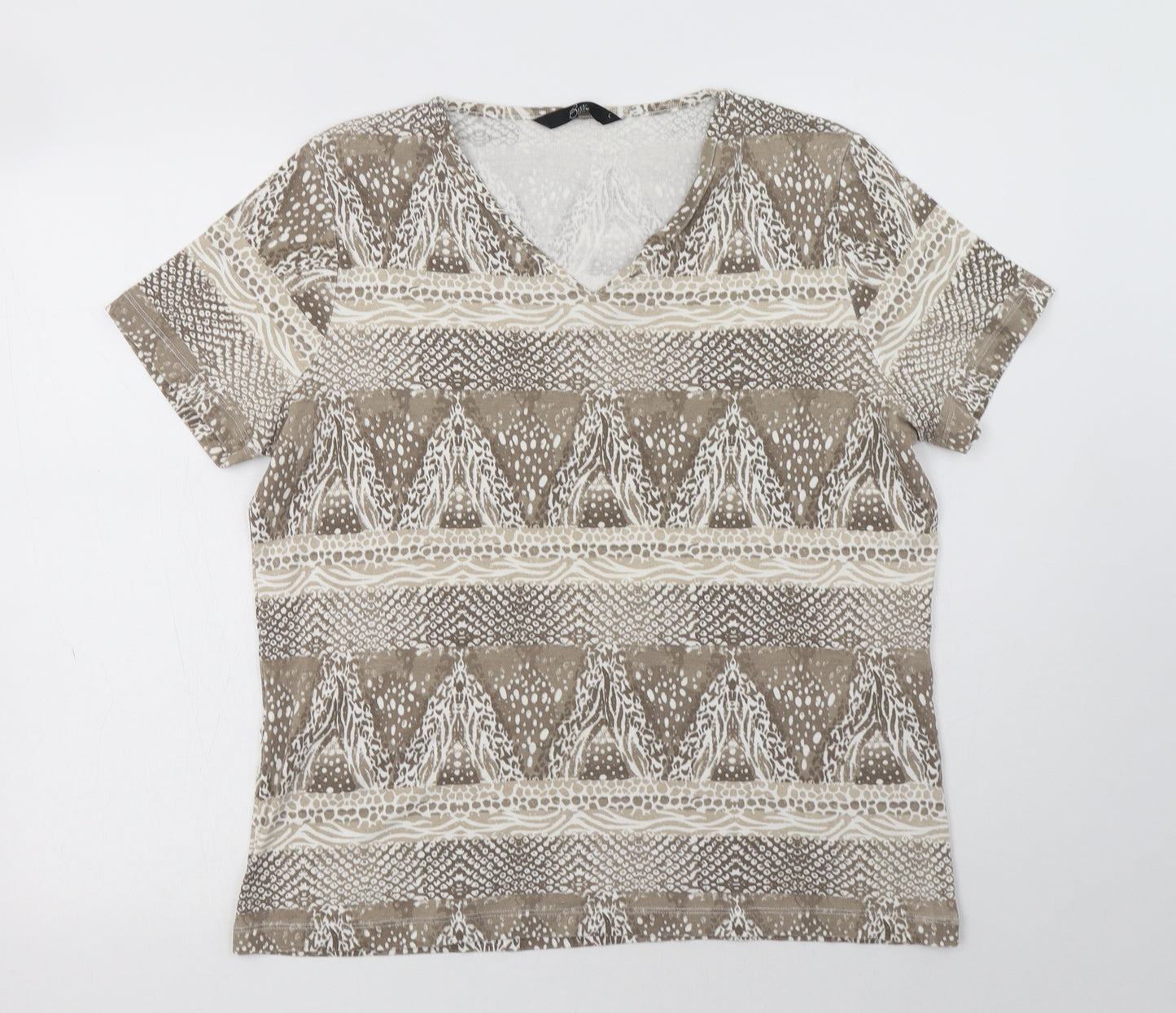 BM Womens Beige Geometric Cotton Basic Blouse Size L V-Neck