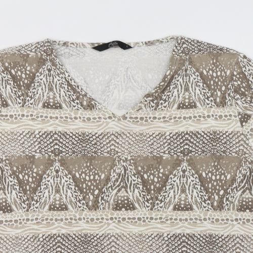 BM Womens Beige Geometric Cotton Basic Blouse Size L V-Neck