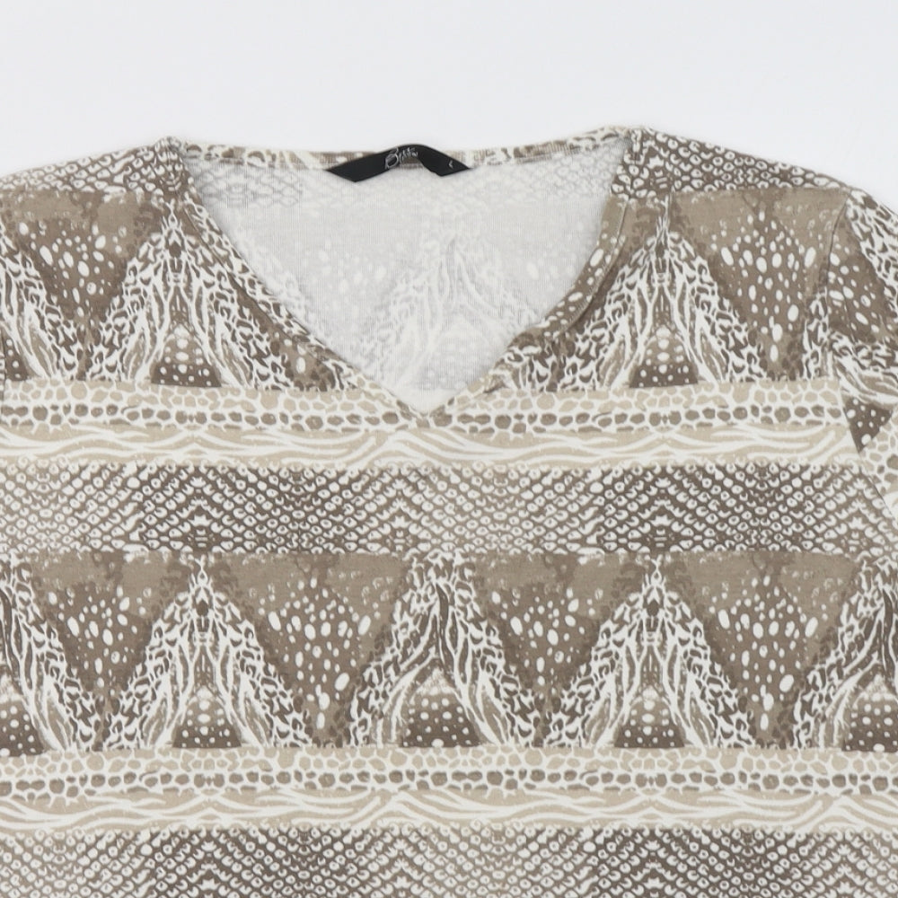 BM Womens Beige Geometric Cotton Basic Blouse Size L V-Neck