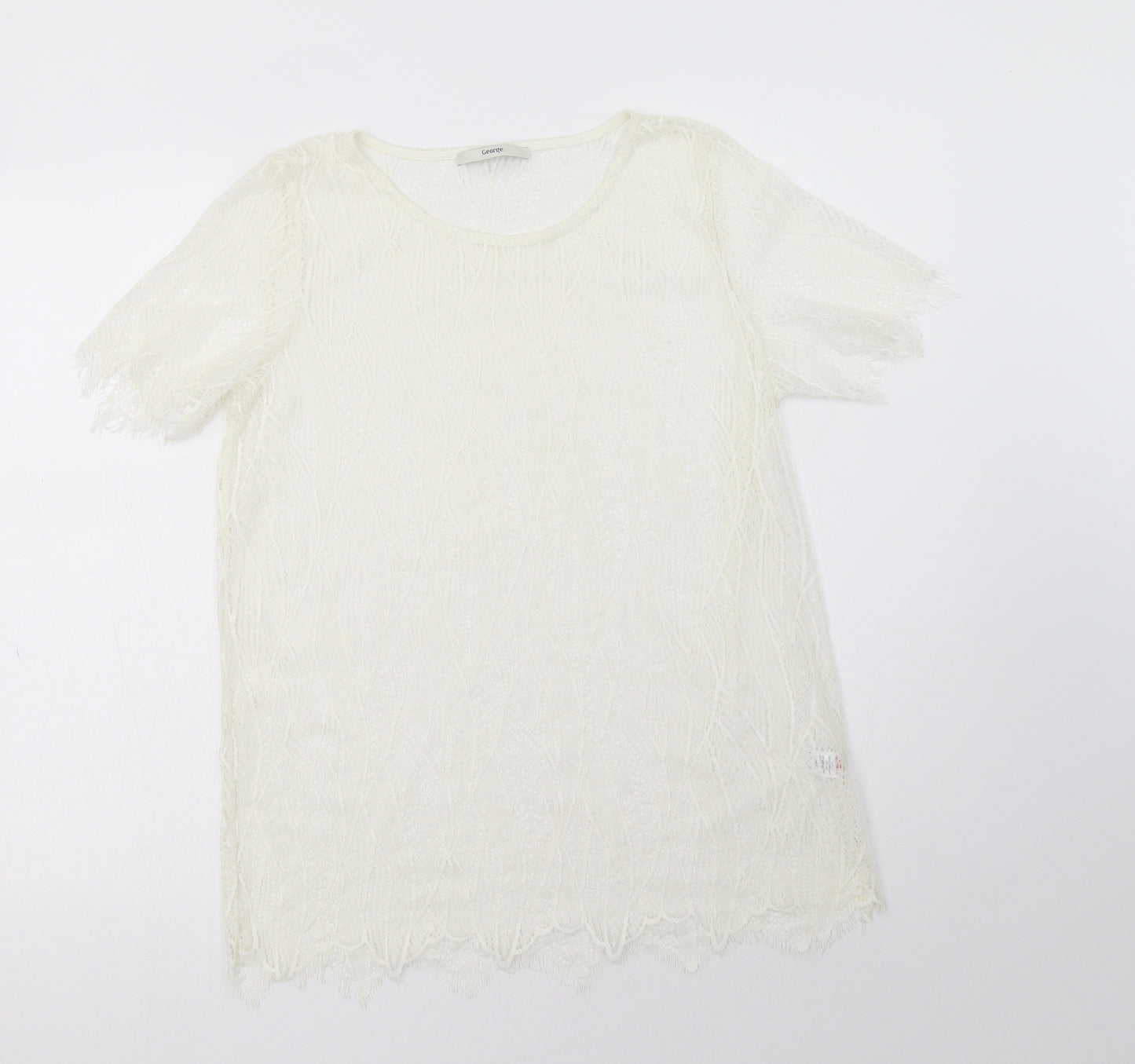 George Womens Ivory Floral Polyamide Basic Blouse Size 14 Crew Neck