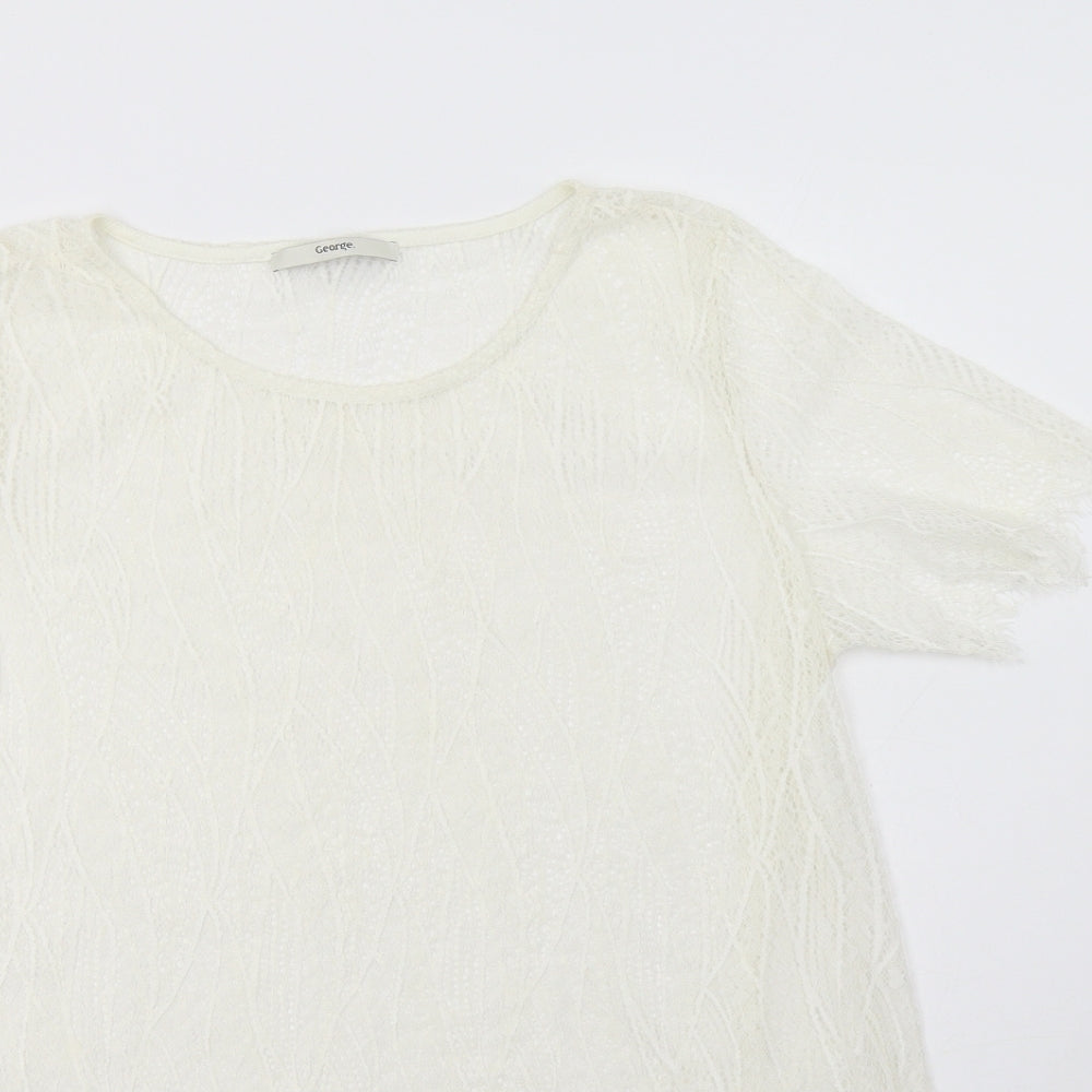George Womens Ivory Floral Polyamide Basic Blouse Size 14 Crew Neck
