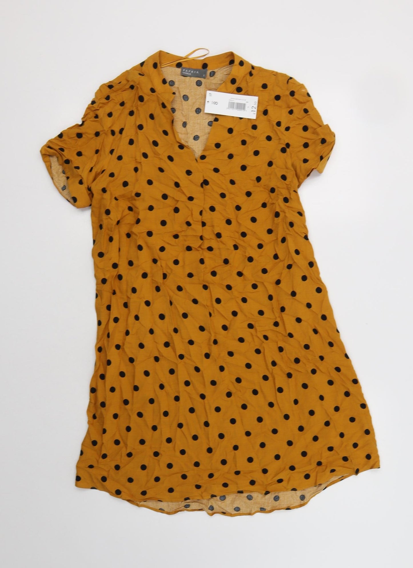 Papaya Womens Yellow Polka Dot Viscose Sheath  Size 8  V-Neck